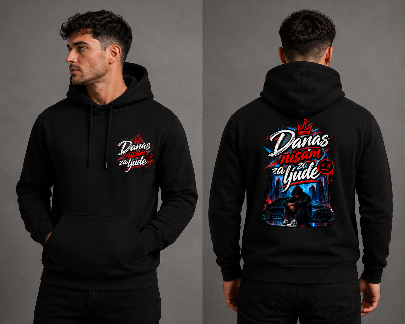 Hoodie „Danas nisam za ljude“ – Crna dukserica s tiskom sprijeda i straga
